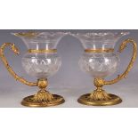 Osler, a pair of gilt bronze mounted cut vases, with mythical bird handle on an acanthus leaf