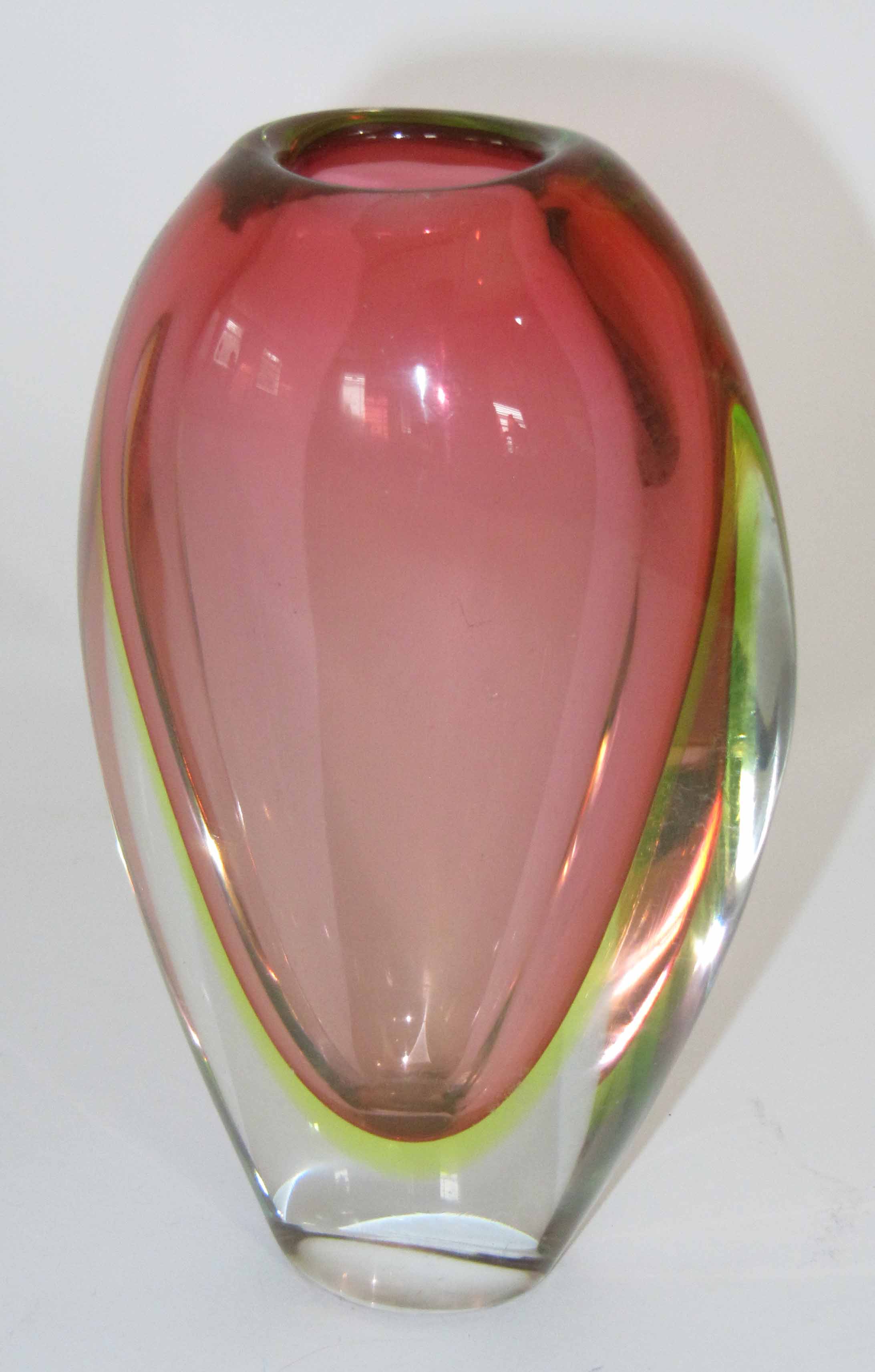 A Murano Sommerso vase, circa 1960s, of cranberry and uranium yellow cased in clear glass and of