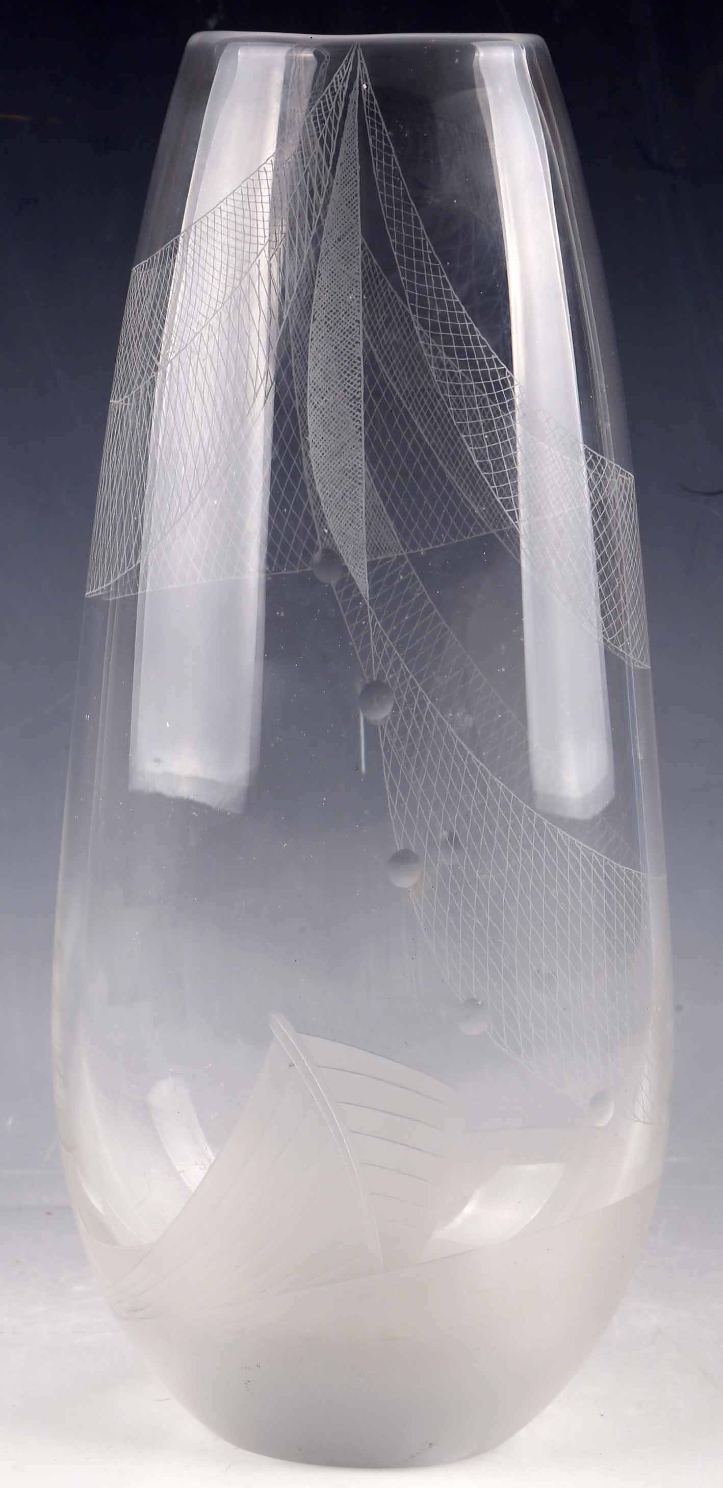 Vicke Lindstrand for Kosta, `In The Harbour`, circa 1955, engraved clear glass vase, engraved