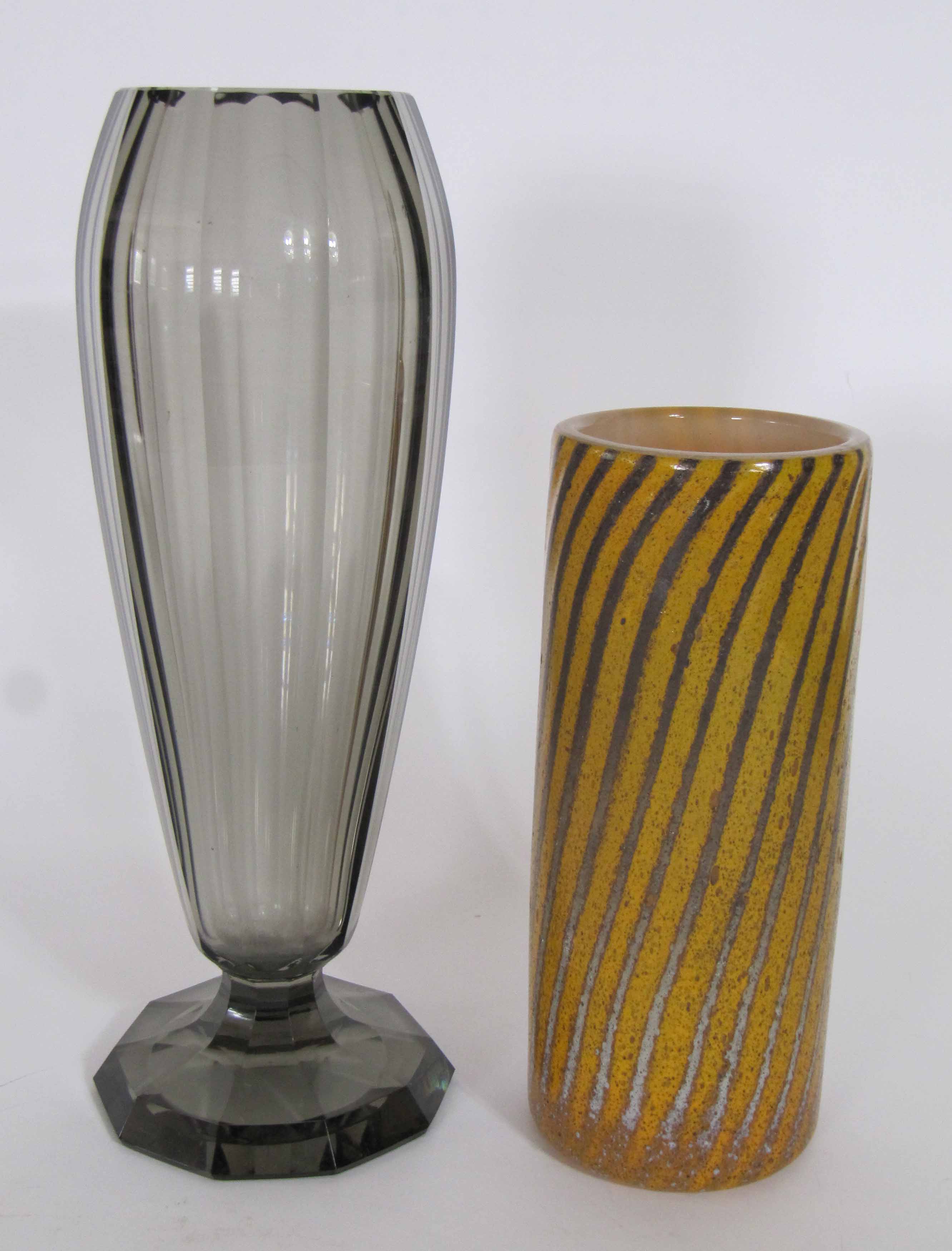 Attributed to Joseph Hoffman for Moser, circa 1930`s, a round tapering panel cut smoked glass vase