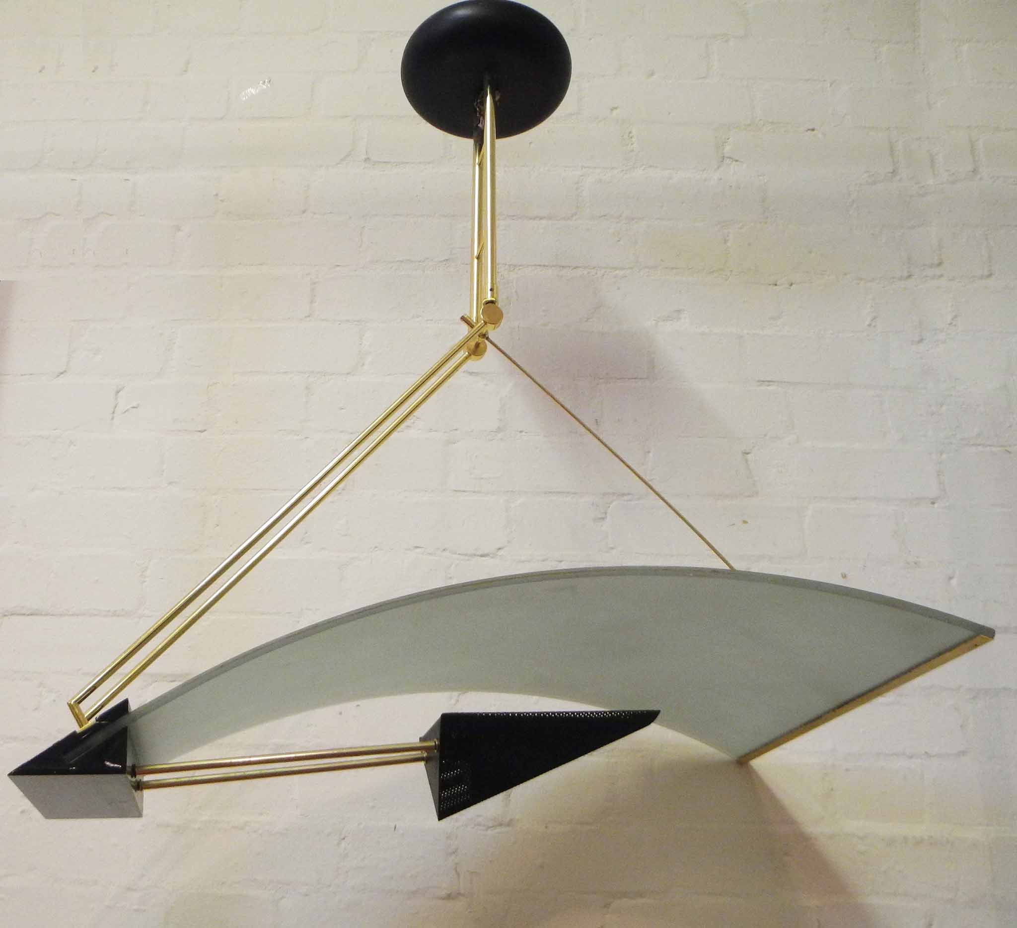 A 1960`s Arredoluce style Italian ceiling light, arcing sail form frosted glass shade with