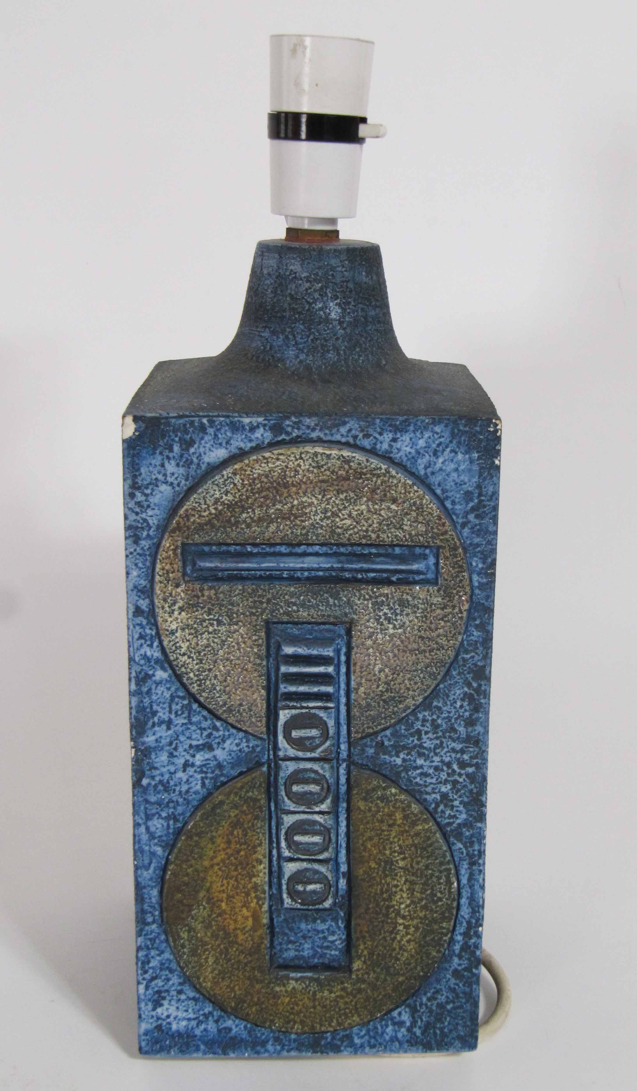 A Troika lamp base, circa 1970`s, a rectangular pottery lamp base incised and decorated on both