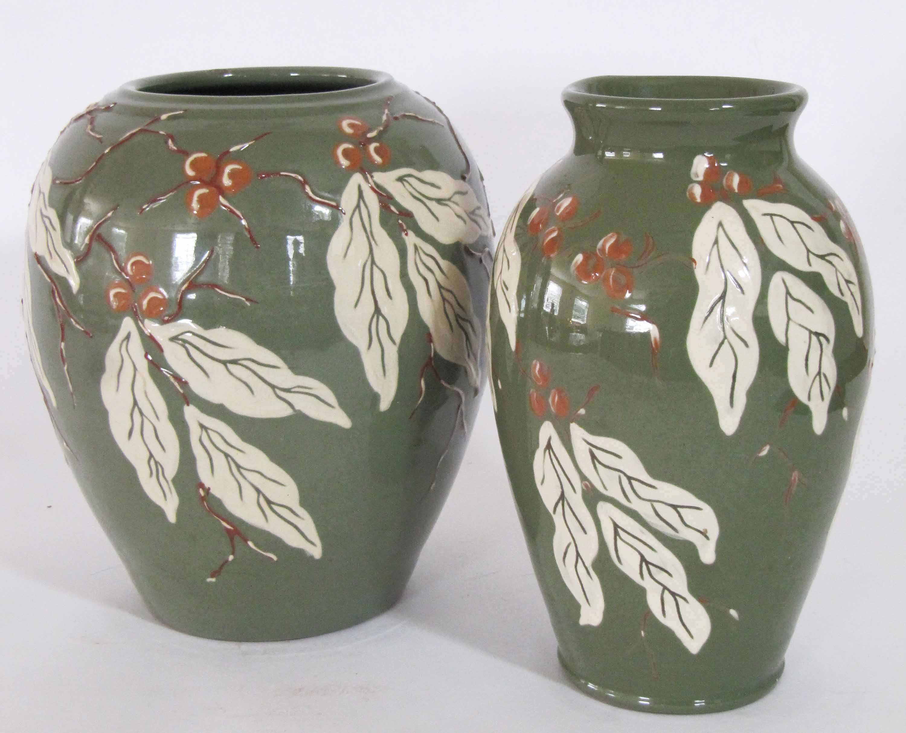 C H Brannum Ltd., Royal Barum Ware vase, circa 1930s, leaf and berry design hand painted on green