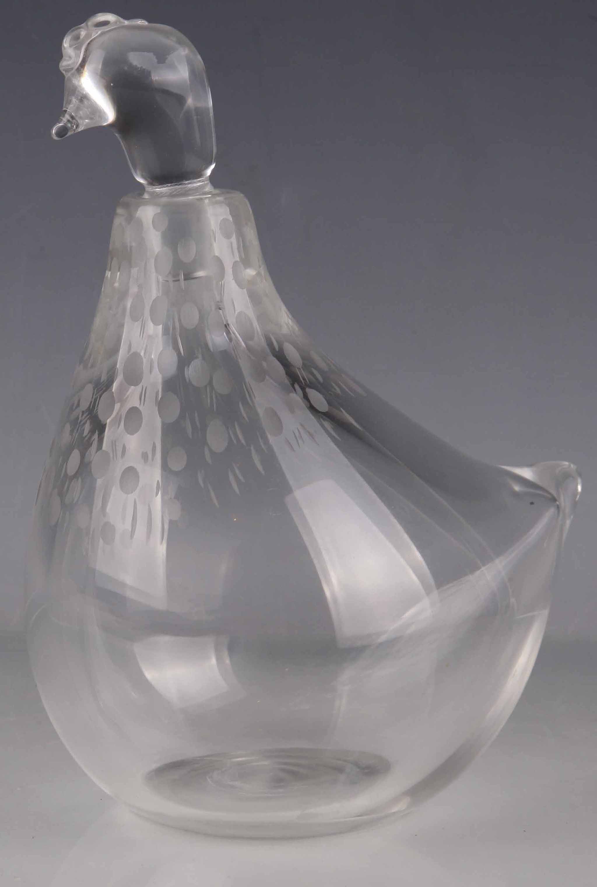 A Kosta Pheasant Decanter, circa 1960, a clear crystal decanter with stylized pheasant head