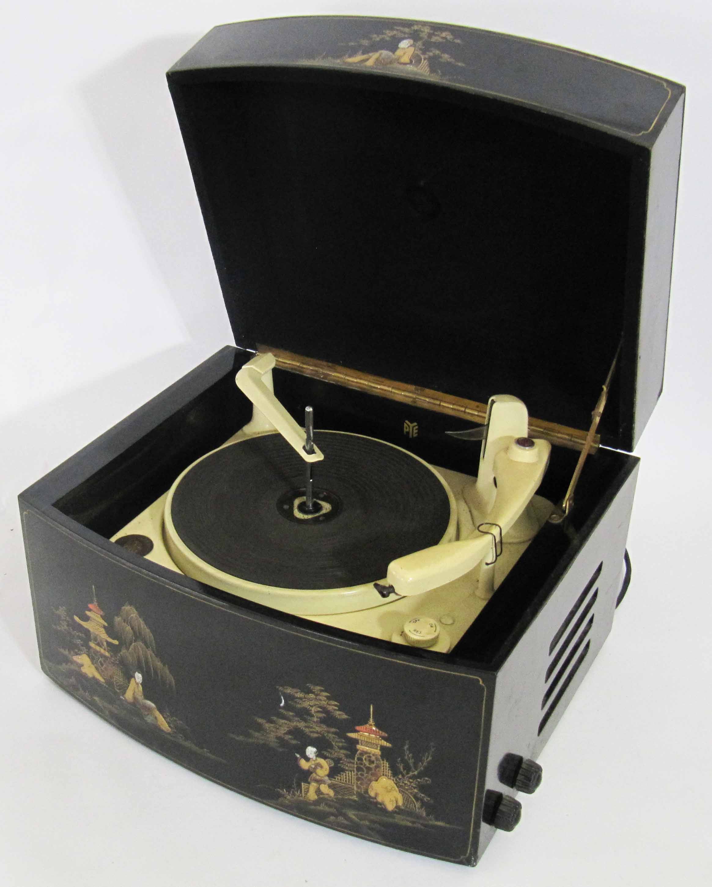 A Pye `Black Box` valve table record player, 1950`s, with chinoiserie decoration.