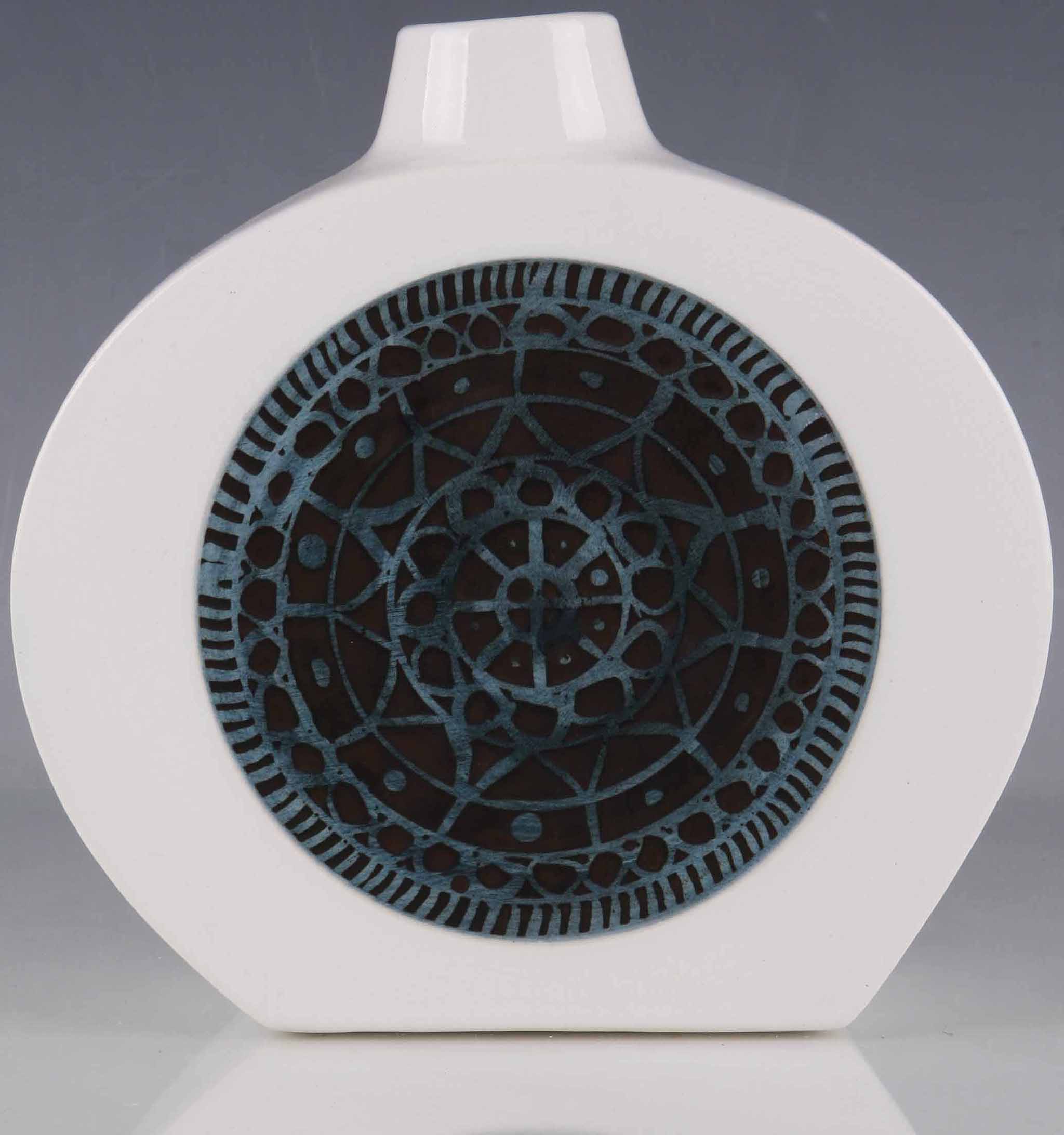 A Troika T1401 Smooth Gloss Flask, circa 1970, decorated by Ann Lewis, embossed circular abstract