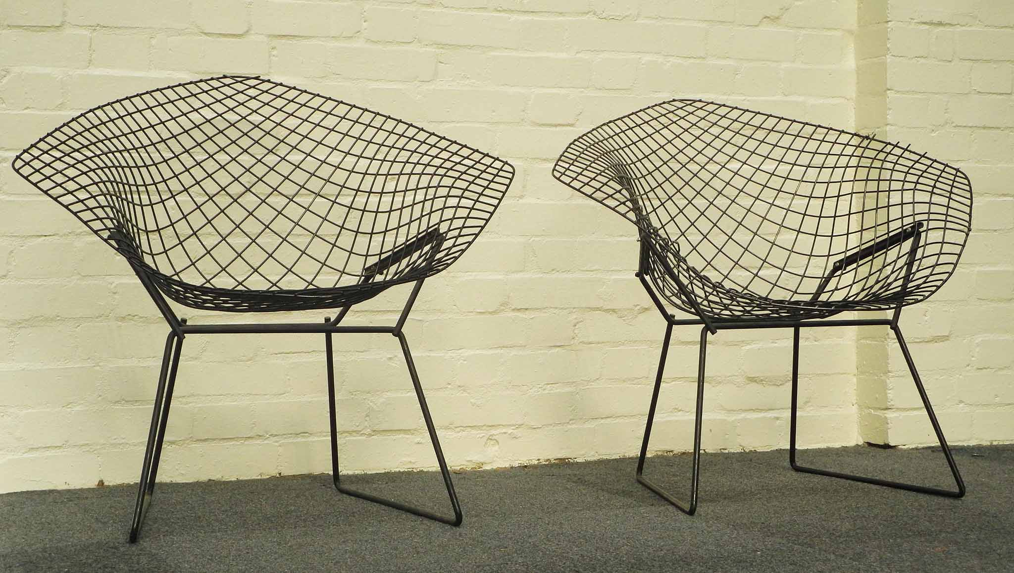 Harry Bertoia for Knoll, a pair of wire `Diamond Chairs`, 1960`s, black powder coated steel finish.