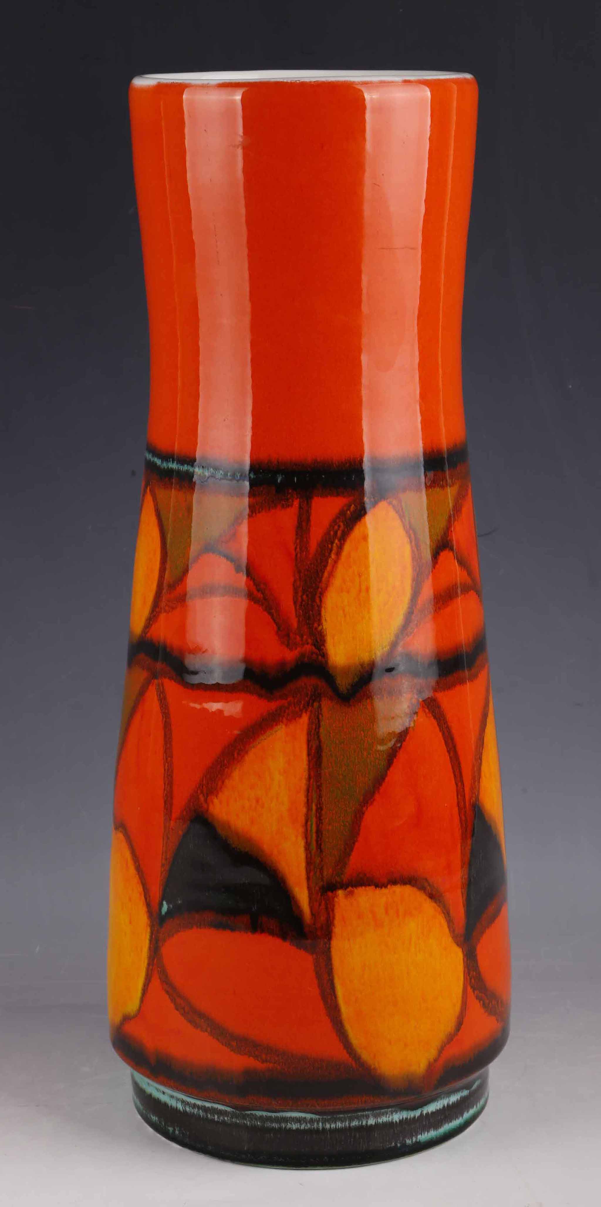 A 1970`s Poole Delphis stick stand, painted by Gillian Taylor on orange ground, 41cm, stamped under.