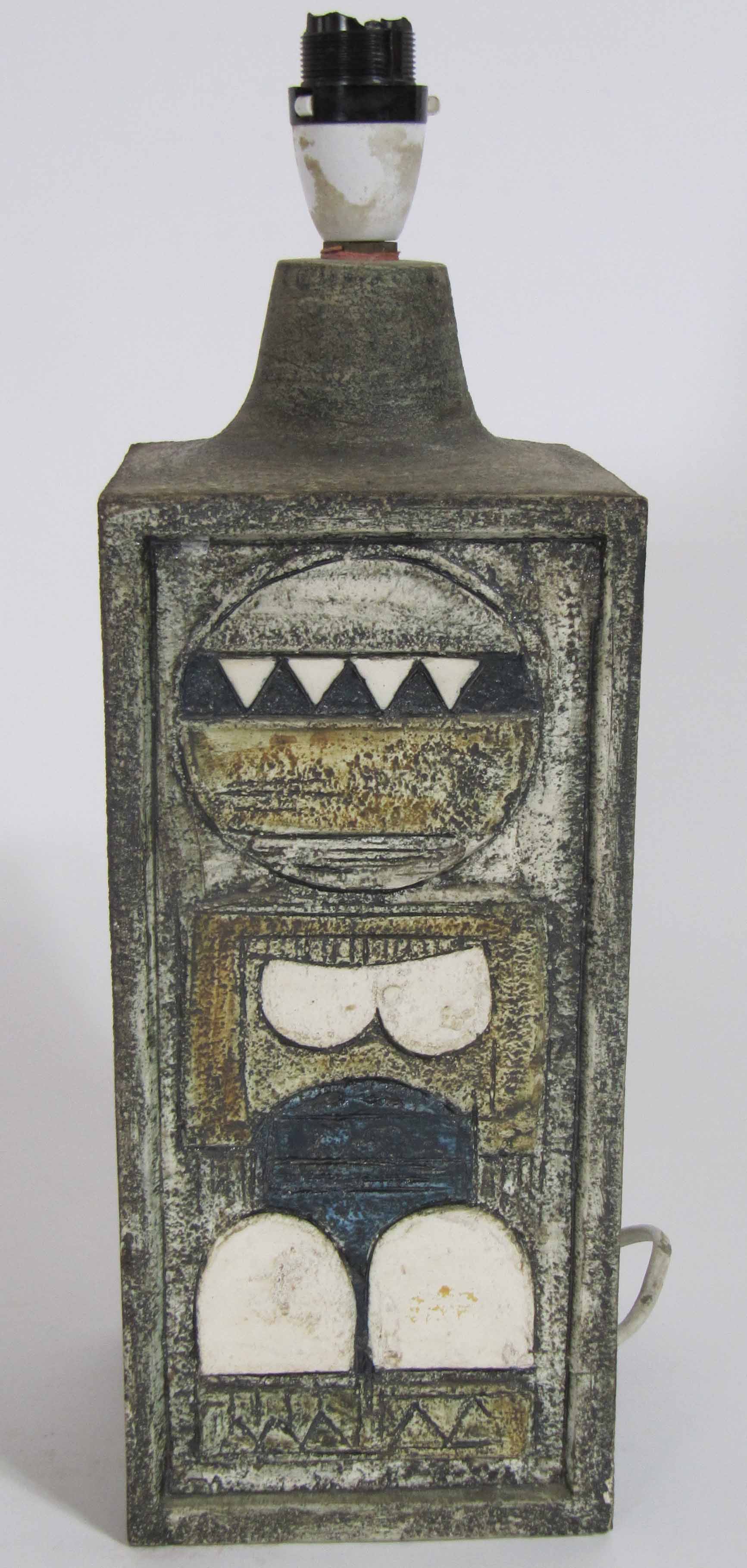 A Troika lamp base, circa 1970`s, a rectangular pottery lamp base incised and painted on both