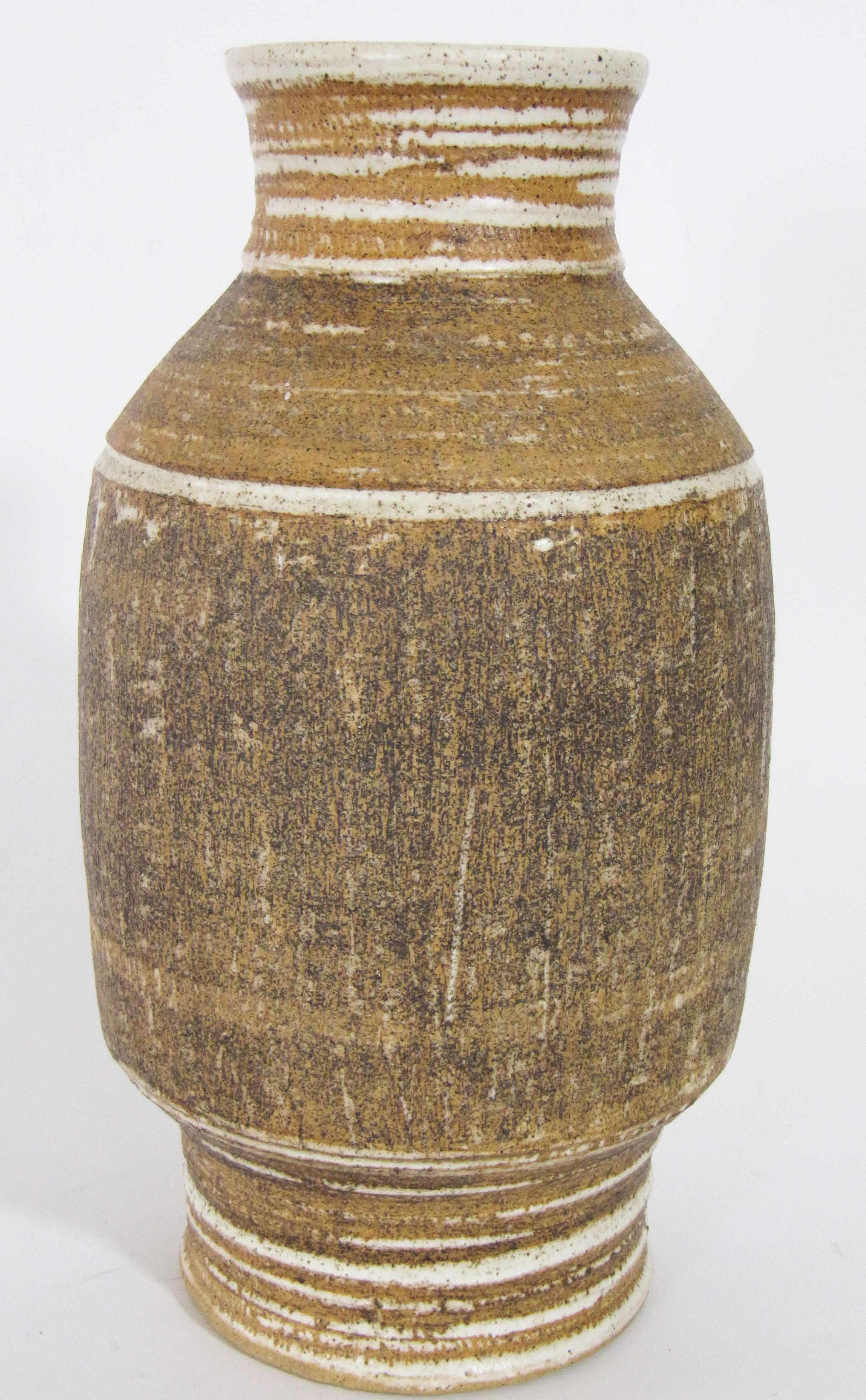 1960`s English studio pottery earthenware vase, with brown glaze over white ground. 28cm H