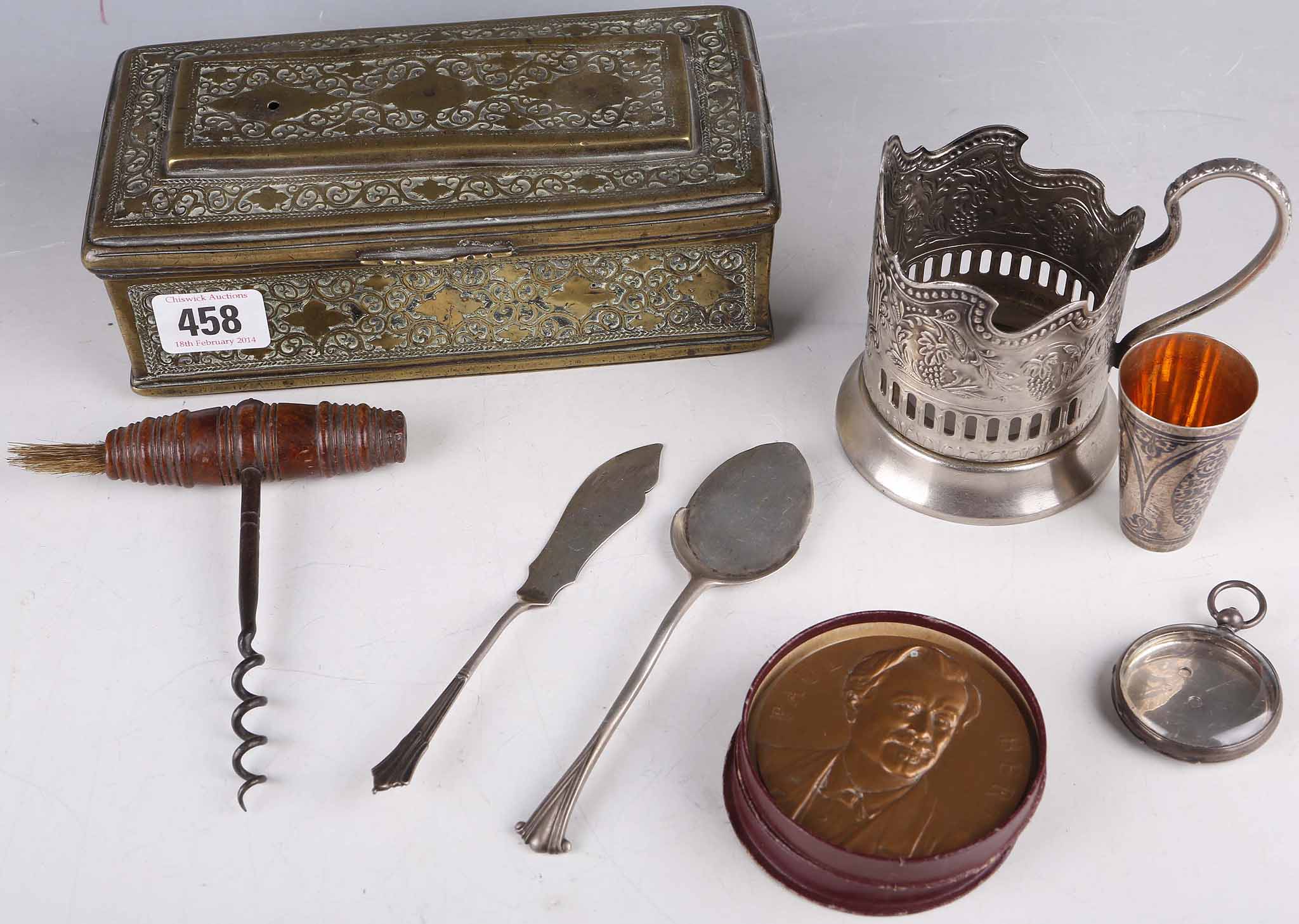 A Georgian mahogany corkscrew with brush, silver butter knife and lifter, niello tot and other