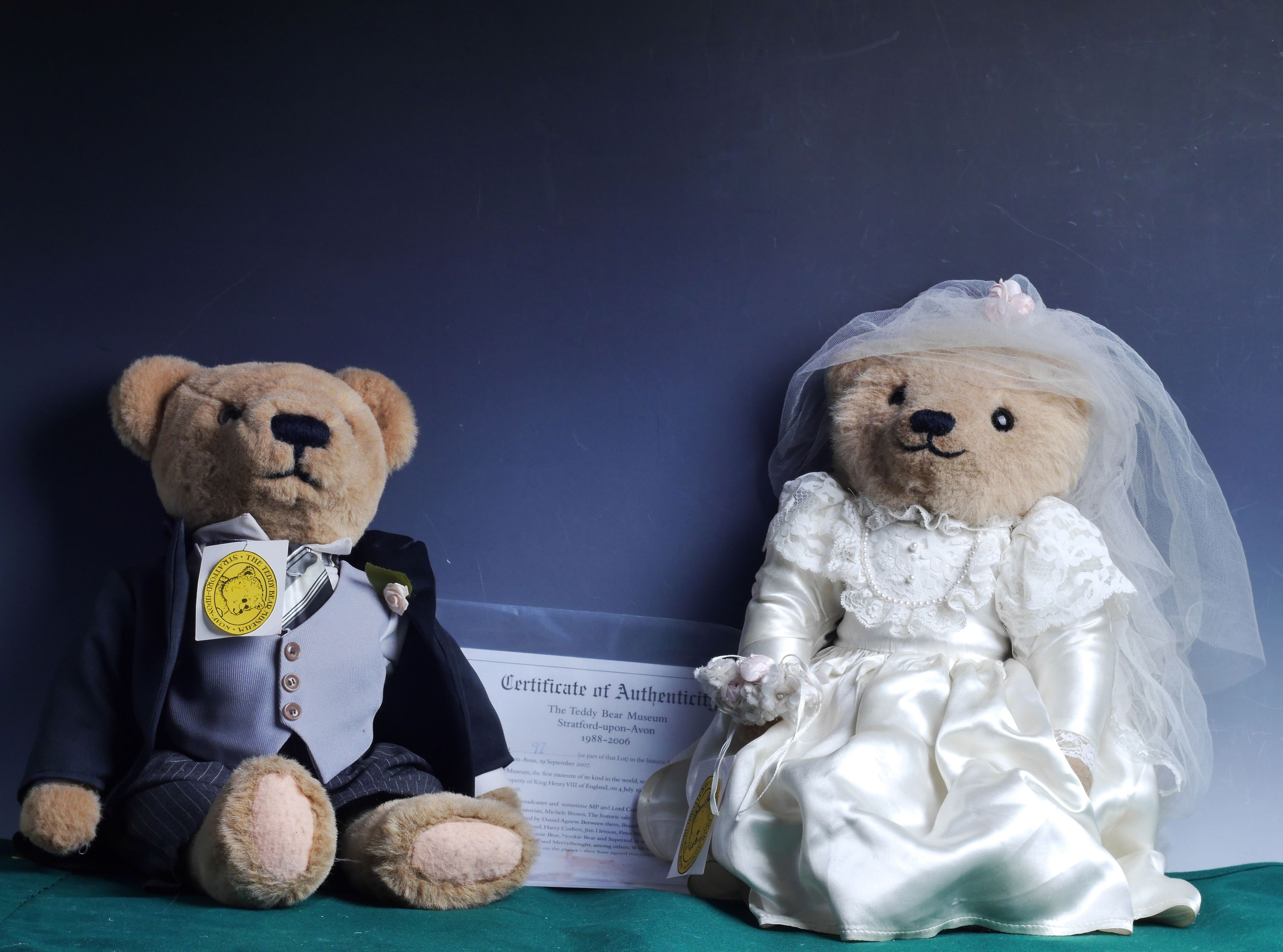 Bride and Groom dressed plush Teddy bears, Winston Churchill and Edwina characters. (3)