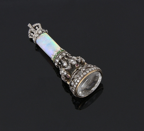 A late 19th Century gold, diamond, ruby, enamel and opal desk seal, the cylindrical column of opal