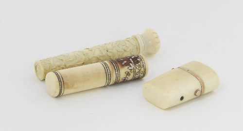 A George III ivory needle case, with unhallmarked yellow metal plaque to the cover, another of