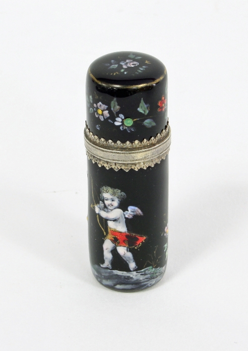 A French enamel perfume bottle, circa 1880, decorated cupid drawing his bow, on a black ground, with