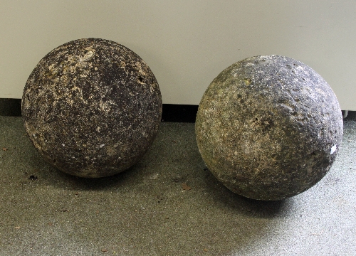 Two spherical gate post orbs, 32cm (12") diameter