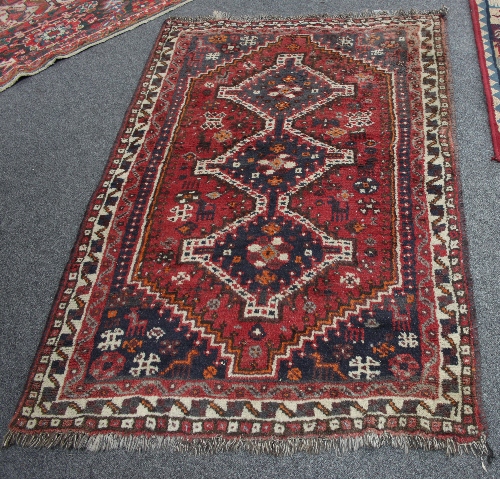 A small Hamadan rug with triple pole medallion on a red ground, 157cm x 100cm (61.75" x 39.5") and - Image 2 of 5