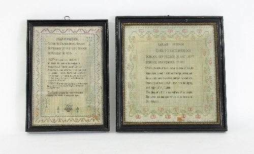 An early 19th Century needlework sampler verse and inscription within a border of stylised designs