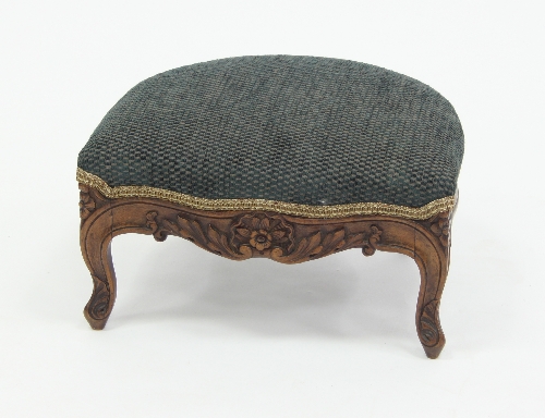 An upholstered stool on squat cabriole legs, 36cm (14") wide