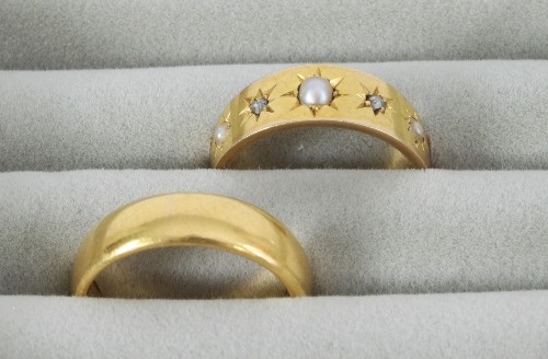 A Victorian 18ct gold half pearl and diamond ring, gypsy set with three half pearls and two rose cut - Image 2 of 2