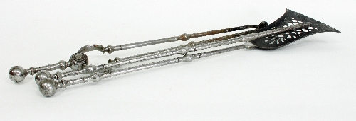 A set of three steel fire irons with ball finials, in the Georgian style, 76cm (30") long