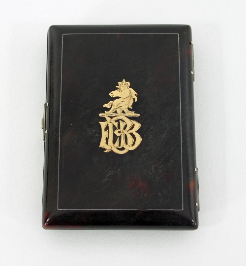 A Victorian tortoiseshell pique work card case, shaped rectangular, the front pique work of buckle