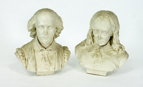Two Copeland parian ware busts of Milton and Shakespeare, modelled by M Noble, Nov 20 1865