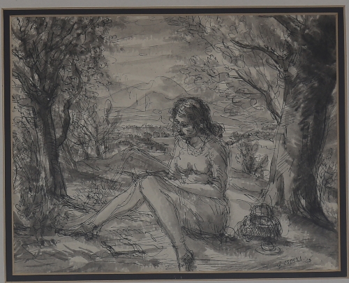 Gerald Ososki/Seated Nude in a Landscape/signed and dated G. Ososki '45/pen, ink and wash, 21cm x