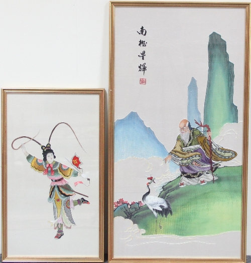 A Chinese silk needlework picture depicting a buddhist deity, 90 x 45cm (35.5" x 17.52), another