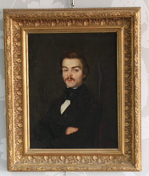 19th Century Continental School/Bust Portrait of a Gentleman/seated with folded arms/oil on