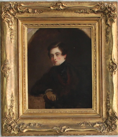 19th Century English School/Portrait of a Gentleman/half length, his elbow resting on a pillar/oil