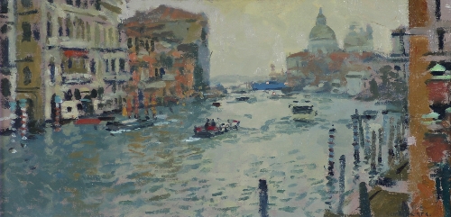 Ken Howard [ARR]/Early Evening Silver, Grand Canal/signed/oil on canvas, 30cm x 60cm (11.75" x 23.