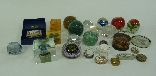 A quantity of Halcyon Days decorative boxes and a quantity of modern glass paperweights etc