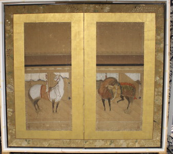 An outstanding and rare Japanese two fold screen having hand painted panels depicting horses with