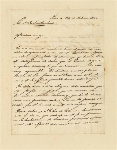 BOLÍVAR, Simón (1783-1830). Letter signed (‘Bolivar’) to Robert Sutherland Jnr., Lima, 24 February