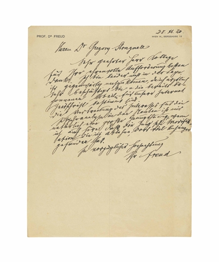 FREUD, Sigmund (1856-1939). Autograph letter signed (‘Freud’) to Dr Gregory Stragnell [American