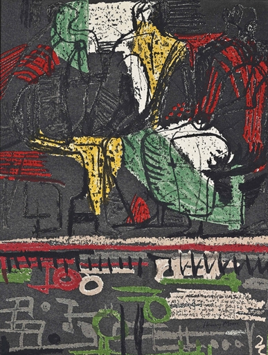 Henry Moore (1898-1986)
Three Seated Figures
screenprint in colours, 1943, on cotton, with the