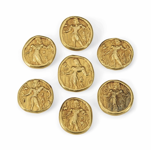 SEVEN GUPTA GOLD COINS MOUNTED AS BUTTONS
INDIA, CIRCA 5TH CENTURY AD IN LATER MOUNTS
Each obverse