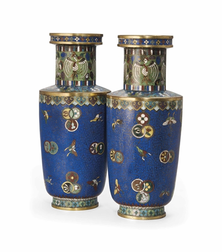 A PAIR OF CHINESE CLOISONNÉ ENAMEL CYLINDRICAL VASES
19TH CENTURY
Each decorated to the
