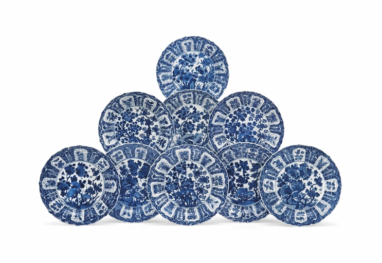 NINE CHINESE BLUE AND WHITE DISHES
KANGXI PERIOD (1662-1722)
Each moulded with a foliate rim,