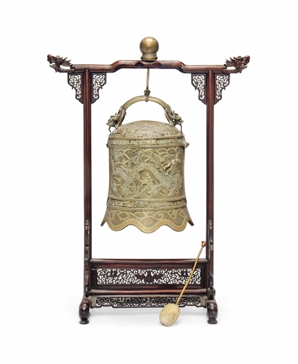 A CHINESE GILT-BRONZE BELL
19TH CENTURY
Cast with a twin-dragon loop handle and decorated with two