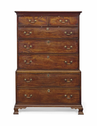 A PROVINCIAL EARLY GEORGE III MAHOGANY TALLBOY
THIRD QUARTER 18TH CENTURY
The cavetto-moulded