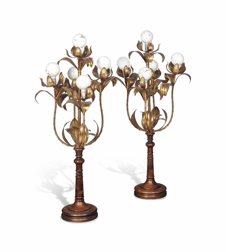 A PAIR OF PRESSED GILT METAL FIVE LIGHT FLOOR LAMPS
PROBABLY ITALIAN, MID-20TH CENTURY
Modelled as