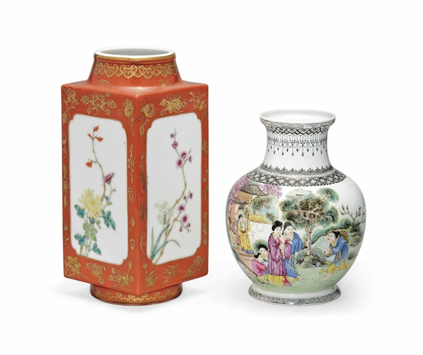 TWO CHINESE FAMILLE ROSE VASES
20TH CENTURY
The first, a cong-shaped vase decorated to each side