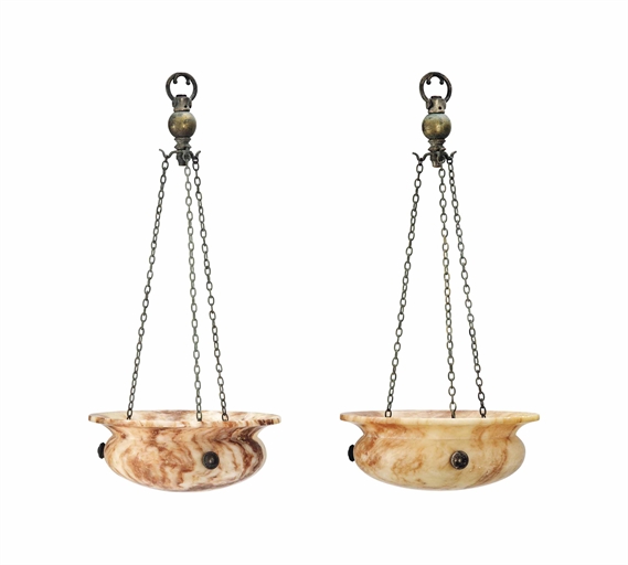 A PAIR OF BRASS MOUNTED ALABASTER HANGING LIGHTS
CIRCA 1920
Each hung by three chairs and stamped