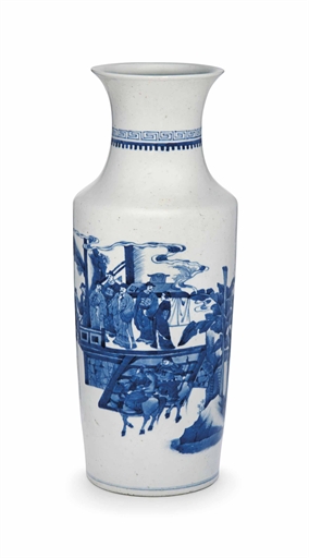 A CHINESE BLUE AND WHITE ROULEAU VASE
19TH CENTURY
Decorated in vibrant blue tones with officials