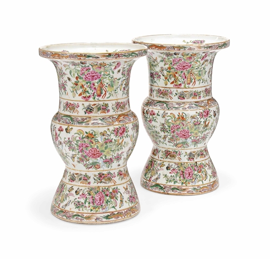 A PAIR OF CANTONESE FAMILLE ROSE VASES, GU
19TH CENTURY
Each decorated with clusters of peonies,