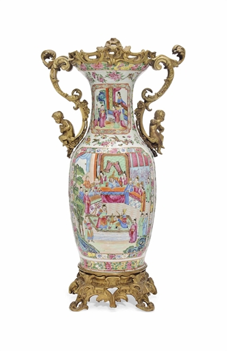 A LARGE ORMOLU-MOUNTED CANTONESE FAMILLE ROSE BALUSTER VASE
19TH CENTURY
Decorated with four large