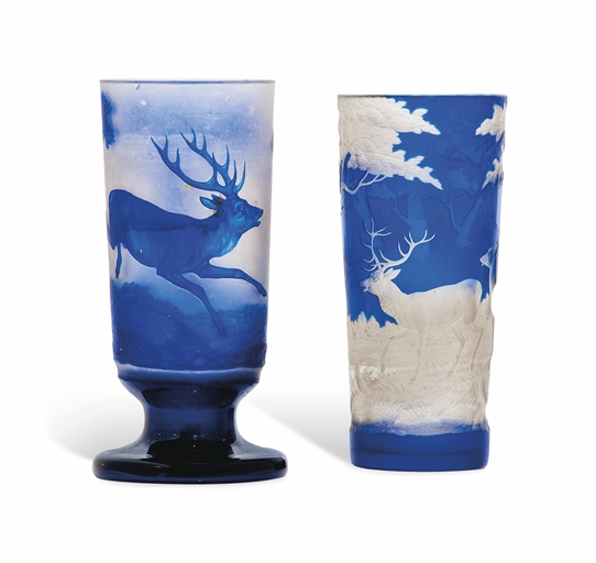TWO BOHEMIAN BLUE OVERLAY ENGRAVED GLASS BEAKERS
CIRCA 1860-80, THE SECOND WITH ENGRAVED CROWNED
