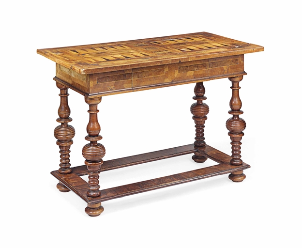 A GERMAN WALNUT AND FRUITWOOD PARQUETRY TRIC-TRAC TABLE
FIRST HALF 18TH CENTURY
The rectangular